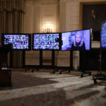 WASHINGTON, DC - JANUARY 20:  U.S. President Joe Biden conducts a virtual swearing in ceremony for members of his new administration via Zoom just hours after his inauguration in the State Dining Room at the White House January 20, 2021 in Washington, DC. Biden became the 46th president of the United States earlier today during the ceremony at the U.S. Capitol.  (Photo by Chip Somodevilla/Getty Images)