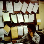 Rich Marriott at work in the original NW Avalanche Center at the National Weather Service offices on Lake Union in the late 1970s. (Courtesy Rich Marriott)