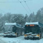 Buses stuck in the snow near downtown Seattle. (Meili Cady/KIRO Radio)