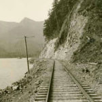 The Spruce Railroad along Lake Crescent, circa 1918, now a section of the Olympic Discovery Trail. (Washington State Historical Society)