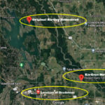 Map prepared by Shane Riley showing where the headstone was found in 2020; where it was likely originally dedicated on the Kirtley homestead in 1886; and where the Kirtley family moved after leaving the homestead in 1900. (Shane Riley and Google Maps)