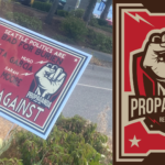 Side-by-side, you can see a Shutterstock image under the category "communist" is the source material for the anti-Matta lawn signs.