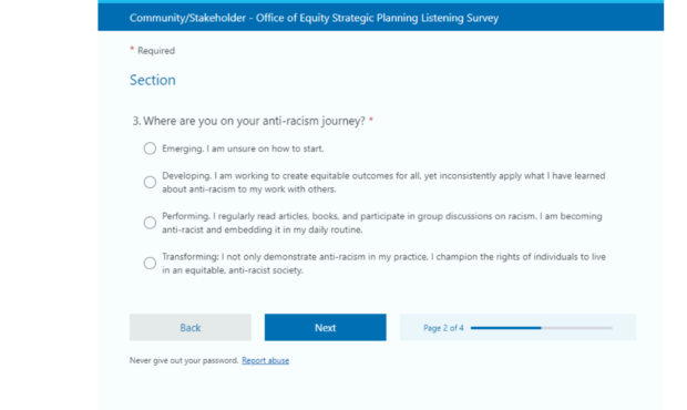 Office of Equity Strategic Planning Listening Survey screenshot....