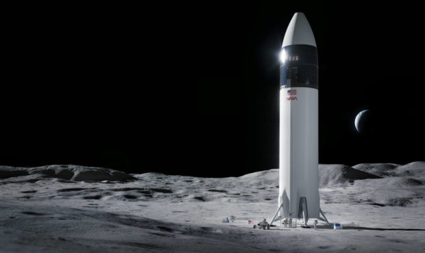 This is an illustration provided by SpaceX shows the SpaceX Starship human lander design that will ...