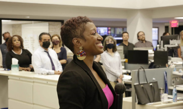 Katrice Hardy, The Dallas Morning News' executive editor, talks to the newsroom on Wednesday, July ...