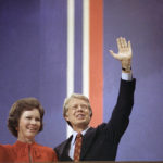 
              FILE - In this July 15, 1976 file photo Jimmy Carter with Wife Rosalynn Carter at the National Convention in Madison Square Garden in New York. Jimmy Carter and his wife Rosalynn celebrate their 75th anniversary this week on Thursday, July 7, 2021. (AP Photo, File)
            