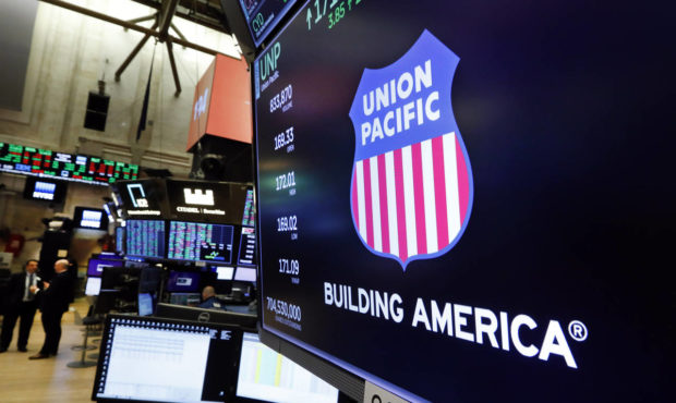 FILE - In this Sept. 13, 2019, file photo the logo for Union Pacific appears above a trading post o...