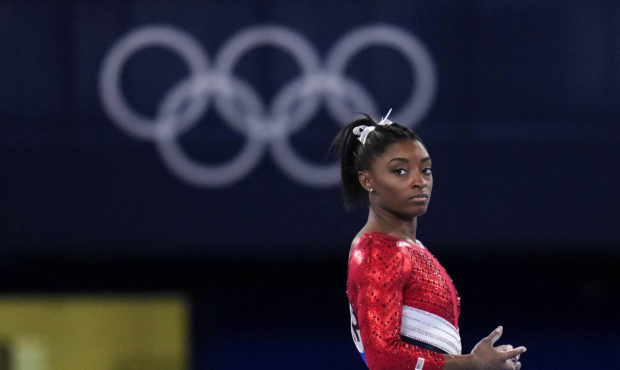 File-This July 27, 2021, file photo shows Simone Biles, of the United States, waiting to perform on...