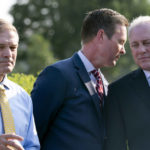 
              Rep. Jim Jordan, R-Ohio, left, Rep. Rodney Davis, R-Ill., and Minority Whip Steve Scalise, R-La., attend a news conference with House Republicans before the start of a hearing by a select committee appointed by House Speaker Nancy Pelosi on the Jan. 6 insurrection, at the Capitol in Washington, Tuesday, July 27, 2021. (AP Photo/Jacquelyn Martin)
            