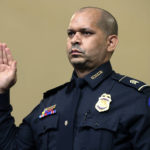 
              U.S. Capitol Police Sgt. Aquilino Gonell is sworn in before the House select committee hearing on the Jan. 6 attack on Capitol Hill in Washington, Tuesday, July 27, 2021. (Chip Somodevilla/Pool via AP)
            