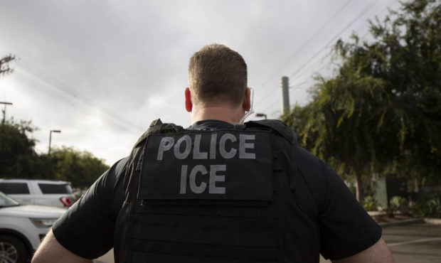 FILE - In this July 8, 2019, file photo, a U.S. Immigration and Customs Enforcement (ICE) officer w...