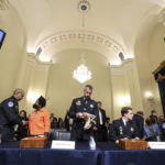 
              U.S. Capitol Police Sgt. Aquilino Gonell, left, shakes hands with Rep. Sheila Jackson-Lee, D-Texas, after a House select committee hearing on the Jan. 6 attack on Capitol Hill in Washington, Tuesday, July 27, 2021. From left, Gonell, Jackson-Lee, Washington Metropolitan Police Department officer Michael Fanone, Washington Metropolitan Police Department officer Daniel Hodges and U.S. Capitol Police Sgt. Harry Dunn. (Oliver Contreras/The New York Times via AP, Pool)
            