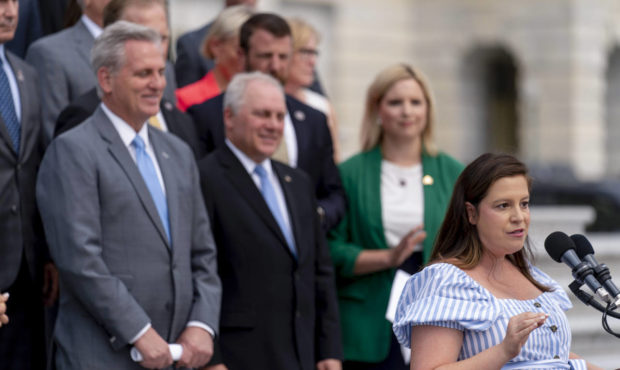 House Republican Conference chair Rep. Elise Stefanik, R-N.Y., right, accompanied by from left, Hou...
