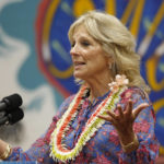 
              First lady Jill Biden speaks after touring a COVID-19 vaccination clinic at a high school in Waipahu, Hawaii, Sunday, July 25, 2021. (AP Photo/Caleb Jones)
            
