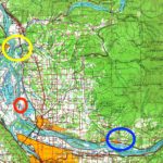 A vintage topographic map shows, in yellow, where the Lewis River enters the Columbia River; in red, Tena Bar, where D.B. Cooper money was found; and, in blue, where the Washougal River enters the Columbia. (USGS Archives)