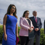 
              FILE - In this July 1, 2021, file photo from left, Rep. Lauren Boebert, R-Colo., House Republican Conference Chair Elise Stefanik, R-N.Y., Rep. Mike Kelly, R-Pa., and Rep. Glenn Grothman, R-Wis., wait to speak about introducing legislation to limit Facebook CEO Mark Zuckerberg's donations, at the Capitol in Washington. Zuckerberg donated $400 million to help fund election offices as they scrambled to deal with the coronavirus pandemic late last summer. At least eight GOP-controlled states have passed bans on donations to election offices this year as Republicans try to block outside funding of voting operations. (AP Photo/J. Scott Applewhite, File)
            