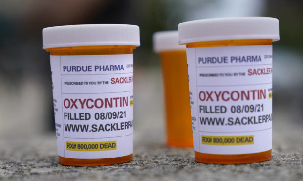 FILE - In this Aug. 9, 2021, file photo, fake pill bottles with messages about OxyContin maker Purd...
