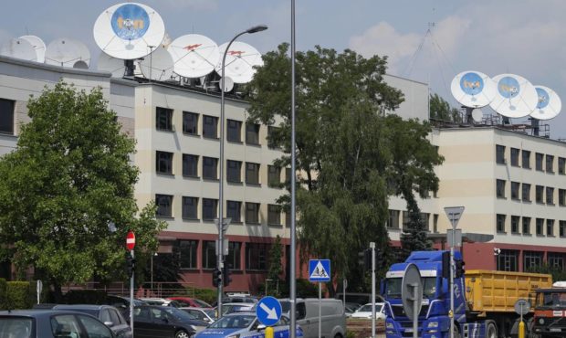 FILE - This Thursday, July 8, 2021 file photo shows the Warsaw headquarters of Poland's TVN broadca...
