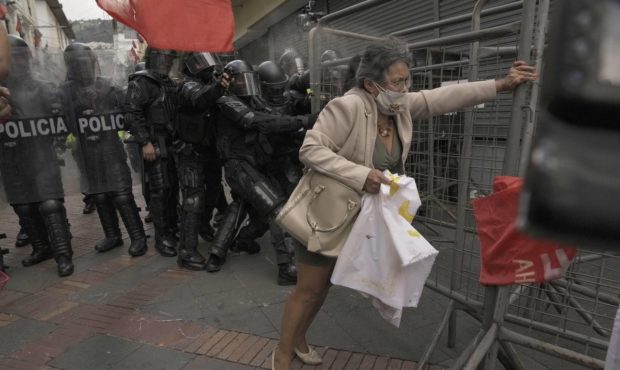 A police officer aims a pepper spray bottle at a protester pushing on a fence placed by police that...