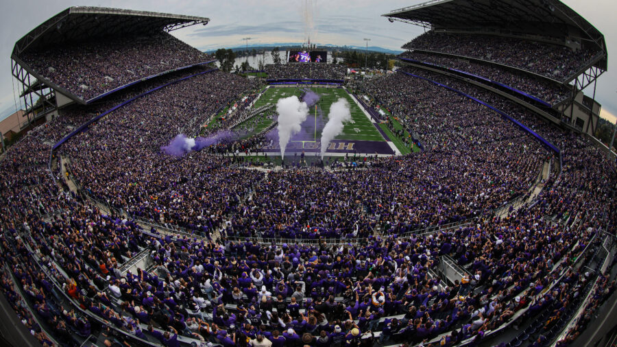 Image: Fans look on and cheer before the UW Huskies' game against Oregon at Husky Stadium in Seattl...