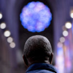 
              Artist Kerry James Marshall stands in the main hall of the National Cathedral after being selected to design a replacement of former confederate-themed stained glass windows that were taken down in 2017, in Washington, Thursday, Sept. 23, 2021. The Cathedral has also commissioned Pulitzer-nominated poet Elizabeth Alexander to pen a poem that will be inscribed in the stone beneath the new windows. (AP Photo/Andrew Harnik)
            