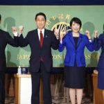 
              FILE - In this Sept. 18, 2021, file photo, Candidates for the presidential election of the ruling Liberal Democratic Party pose for photographers prior to a debate session held by Japan National Press club in Tokyo. The contenders are, from left to right, Taro Kono, the cabinet minister in charge of vaccinations, Fumio Kishida, former foreign minister, Sanae Takaichi, former internal affairs minister, and Seiko Noda, former internal affairs minister. The inclusion of two women among the four candidates vying to become the next prime minister seems like a big step forward for Japan's notoriously sexist politics. (AP Photo/Eugene Hoshiko, File)
            