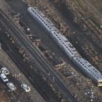
              This aerial view taken Sunday, Sept. 26, 2021, shows part of an Amtrak train that derailed in north-central Montana Saturday that killed multiple people and left others hospitalized, officials said. The westbound Empire Builder was en route to Seattle from Chicago, with two locomotives and 10 cars, when it left the tracks about 4 p.m. Saturday. (Larry Mayer/The Billings Gazette via AP)
            