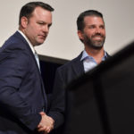 
              Donald John Trump Jr., right, shakes hands with Georgia state Sen. Burt Jones who is running for Lt. Governor, Wednesday, Sept. 22, 2021, in Marietta, Ga. The rewards of an early Donald Trump endorsement will be on display Saturday in Georgia. A three-man ticket of candidates he’s backing in 2022 Republican primaries for statewide office will take the stage with him.  Completing the trio is Jones, an early Trump supporter who pushed measures to overturn President Joe Biden’s Georgia win.   (AP Photo/Mike Stewart)
            