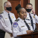 
              Assistant Chief for Protective and Intelligence Operations Yogananda Pittman, center, flanked by U.S. Capitol Police Chief Tom Manger, left, and Acting Assistant Chief for Uniformed Operations Sean Gallagher, speaks during a news conference to discuss preparations for a weekend rally planned by allies of Donald Trump who support the so-called "political prisoners" of the Jan. 6 attack on the Capitol, Friday, Sept. 17, 2021, at the Capitol in Washington, (AP Photo/J. Scott Applewhite)
            