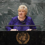 
              Prime Minister of Norway Ms. Erna Solberg speaks at the United Nations meeting on Sustainable Development Goals during the 76th session of the U.N. General Assembly at U.N. headquarters on Monday, Sept. 20, 2021. (John Angelillo/Pool Photo via AP)
            