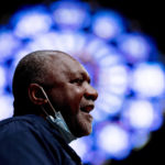 
              Artist Kerry James Marshall speaks at a news conference after being selected to design a replacement of former Confederate-themed stained glass windows that were taken down in 2017 at the National Cathedral in Washington, Thursday, Sept. 23, 2021. The Cathedral has also commissioned Pulitzer-nominated poet Dr. Elizabeth Alexander to pen a poem that will be inscribed in the stone beneath the new windows. (AP Photo/Andrew Harnik)
            