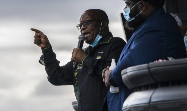 FILE - In this Sunday, July 4, 2021 file photo, former President Jacob Zuma addresses supporters at...