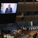 
              President of South Africa Cyril Ramaphosa speaks via video link during the 76th Session of the U.N. General Assembly at United Nations headquarters in New York, on Thursday, Sept. 23, 2021.  (Spencer Platt/Pool Photo via AP)
            