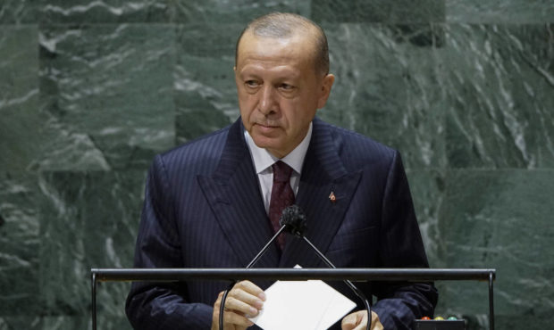 Turkish President Recep Tayyip Erdogan addresses the 76th Session of the United Nations General Ass...