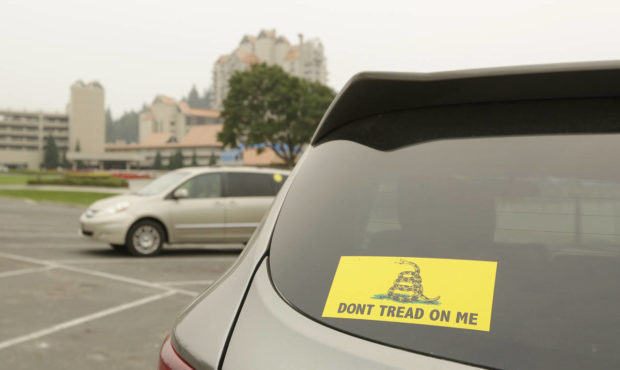 A vehicle with a Gadsden flag sticker is parked in the lot at Independence Point, Friday, Sept. 10,...