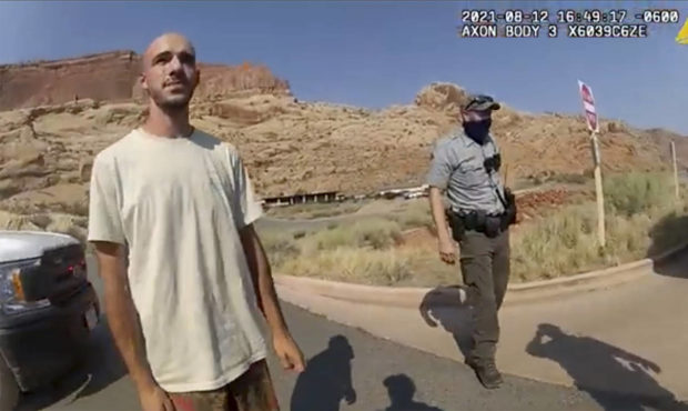 This police camera video provided by The Moab Police Department shows Brian Laundrie  talking to a ...
