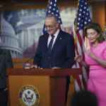 
              Senate Majority Leader Chuck Schumer, D-N.Y., center, flanked by Treasury Secretary Janet Yellen, and Speaker of the House Nancy Pelosi, D-Calif., updates reporters on Democratic efforts to pass President Joe Biden's "Build Back Better" agenda, at the Capitol in Washington, Thursday, Sept. 23, 2021. (AP Photo/J. Scott Applewhite)
            