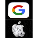 
              FILE - This combo of photos shows the logo for Google, top, and Apple, bottom. Big Tech companies that operate around the globe have long promised both to obey local laws and to protect civil rights while doing business. But when Apple and Google capitulated to Russian demands and removed Smart Voting, a political-opposition app from their local app stores, it raised worries that two of the world's most successful companies are more comfortable bowing to undemocratic edicts — and maintaining a steady flow of profits— than upholding their stated principles.((AP Photo/File)
            