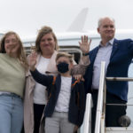
              Canada Conservative leader Erin O'Toole right,, Rebecca O'Toole and children Jack and Mollie board the campaign plane Tuesday, Sept. 21, 2021 in Toronto. (Adrian Wyld/The Canadian Press via AP)
            