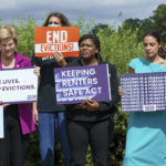 
              From left, Sen. Elizabeth Warren, D-Mass., Rep. Cori Bush, D-Mo., and Rep. Alexandria Ocasio-Cortez, D-N.Y., and other progressive lawmakers advocate for reimposing a nationwide eviction moratorium that lapsed last month, at the Capitol in Washington, Tuesday, Sept. 21, 2021. (AP Photo/J. Scott Applewhite)
            