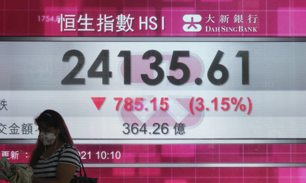 A woman walks past a bank's electronic board showing the Hong Kong share index at Hong Kong Stock E...