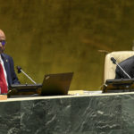 
              In this photo provided by United Nations, Abdulla Shahid, left, pounds the gavel signaling his start as the new president of the 76th session of the United Nations General Assembly, accompanied by Secretary-General António Guterres at U.N. headquarters on Tuesday, Sept. 14, 2021. (Evan Schneider/United Nations via AP)
            