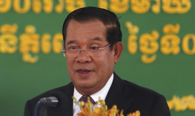 FILE - In this Feb. 7, 2021, file photo, Cambodian Prime Minister Hun Sen delivers a speech during ...