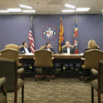 
              FILE - In this Dec. 27, 2019, file photo, the Maricopa County Board of Supervisors meets in Phoenix. The board that oversees Arizona's most populous county has scheduled a special meeting Friday, Sept. 17, 2021, where members may announce whether they will comply with a state Senate subpoena to hand over its computer routers for examination by contractors conducting an unprecedented partisan review of 2020 election results. (AP Photo/Terry Tang, File)
            