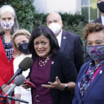 
              Rep. Pramila Jayapal, D-Wash., the chair of the Congressional Progressive Caucus, center, along with other lawmakers, talks with reporters outside the West Wing of the Washington, Tuesday, Oct. 19, 2021, following their meeting with President Joe Biden. Jayapal is joined by from left, Rep. Katherine Clark, D-Mass., Rep. Debbie Dingell, D-Mich., Rep. Mark Pocan, D-Wis., Rep. Barbara Lee, D-Calif., and Rep. Ritchie Torres, D-New York. (AP Photo/Susan Walsh)
            