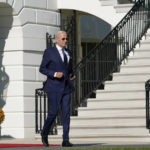 
              President Joe Biden arrives at an event hosted by first lady Jill Biden to honor the 2021 State and National Teachers of the Year, on the South Lawn of the White House, Monday, Oct. 18, 2021, in Washington. (AP Photo/Evan Vucci)
            
