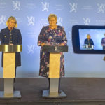 
              Norway's Acting Prime Minister Erna Solberg, right, and Minister of Justice Monica Mæland, left, speak at a press conference after the police briefing on the attack in Kongsberg, Norway, Wednesday, Oct. 13, 2021. A man armed with a bow and arrows killed several people Wednesday near the Norwegian capital of Oslo before he was arrested, authorities said. (Ole Berg-Rusten/NTB via AP)
            