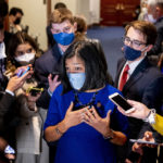 
              Rep. Pramila Jayapal, D-Wash., speaks to reporters as she walks out of a House Democratic Progressive Caucus meeting on Capitol Hill in Washington, Thursday, Oct. 28, 2021. (AP Photo/Andrew Harnik)
            