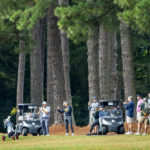 
              The gallery watches as North Carolina A&T's J.R. Smith hits toward the fifth green during the second round of the Phoenix Invitational golf tournament in Burlington, N.C., Tuesday, Oct. 12, 2021. Smith spent 16 years playing in the NBA, winning two world championships. (Woody Marshall/News & Record via AP)
            