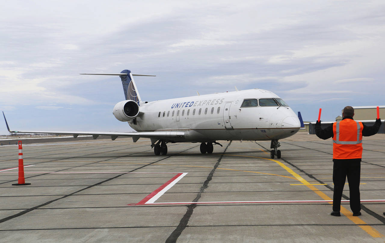 FILE -In this Jan. 30, 2018 file photo, the first flight into Scottsbluff by SkyWest, operating as ...